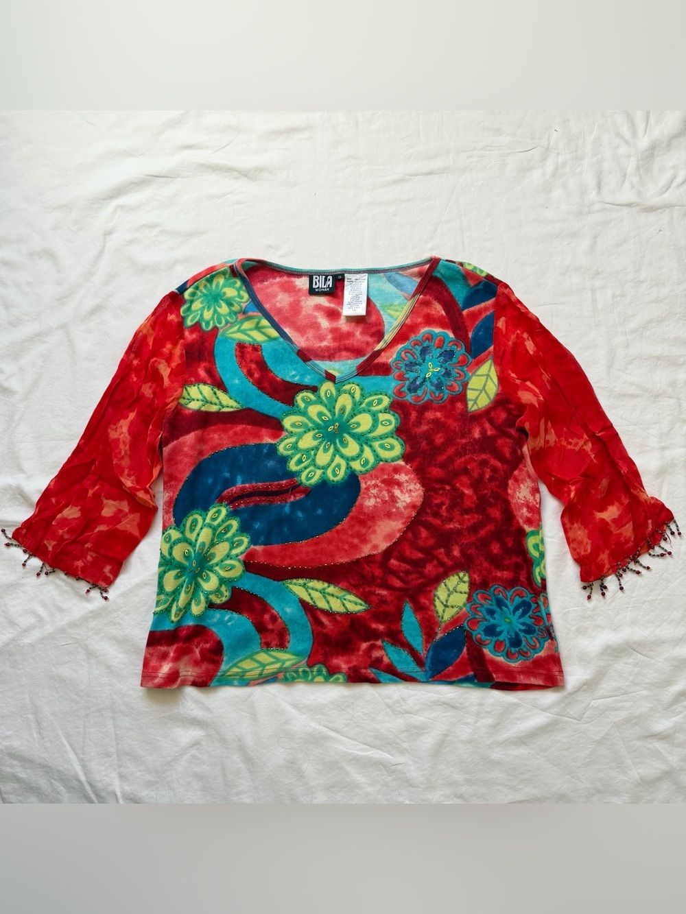 Vintage Bila Woman Y2K Colorful 3/4 Sleeve Floral Beaded Top Blouse